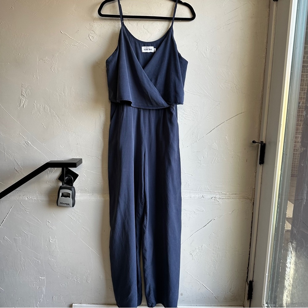 Line + Dot Navy Wrap-Front Bertie Jumpsuit Minimal Chic Wide Leg One Piece Sz L‎